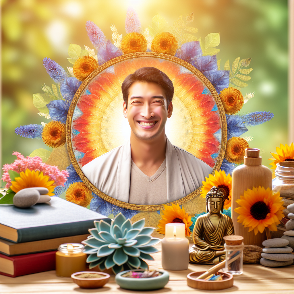 Une personne souriante, sereine dans un environnement apaisant, entourée d'éléments symboliques représentant le plaisir et le bien-être, tels que des fleurs colorées et des livres sur la découverte de soi.
