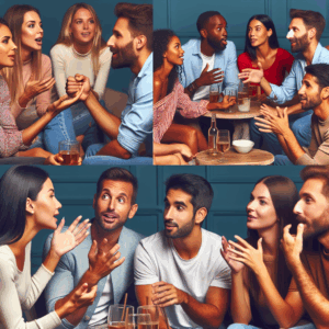 A diverse group of men and women from various nationalities in a casual dating setting, engaging in lively discussions about relationships and intimacy.