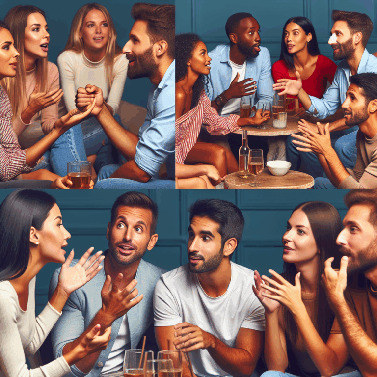 A diverse group of men and women from various nationalities in a casual dating setting, engaging in lively discussions about relationships and intimacy.