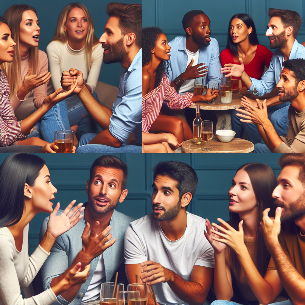 A diverse group of men and women from various nationalities in a casual dating setting, engaging in lively discussions about relationships and intimacy.