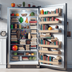 A modern kitchen with a refrigerator open, revealing unexpected items inside, like books, a toy, and a novel object like a sextoy, highlighting the surprising uses of kitchen space.