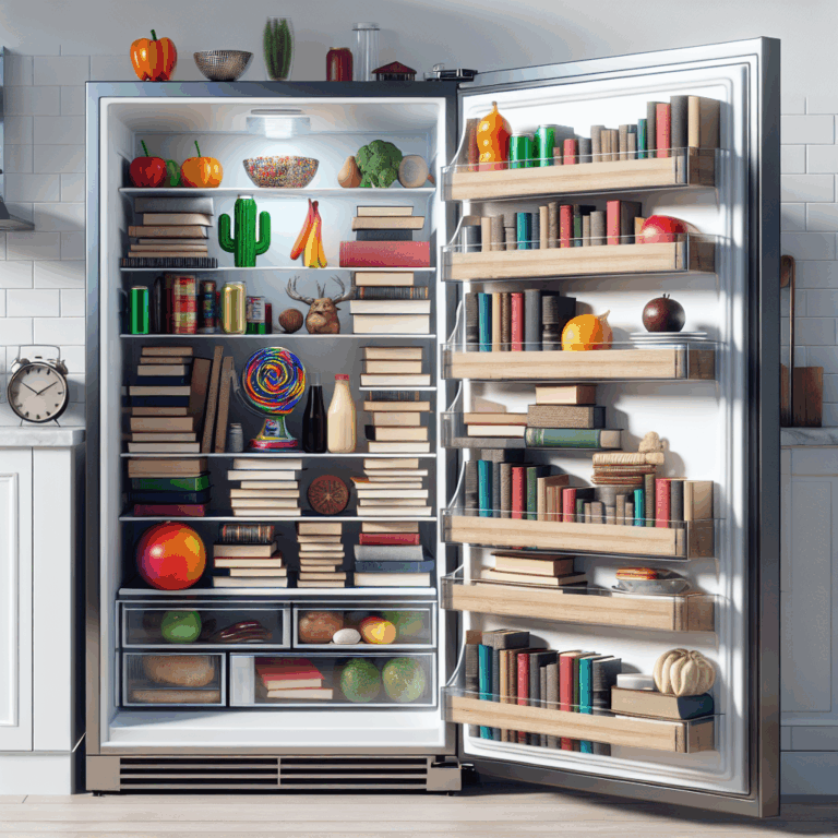 A modern kitchen with a refrigerator open, revealing unexpected items inside, like books, a toy, and a novel object like a sextoy, highlighting the surprising uses of kitchen space.