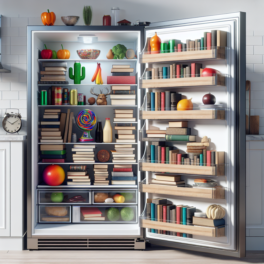 A modern kitchen with a refrigerator open, revealing unexpected items inside, like books, a toy, and a novel object like a sextoy, highlighting the surprising uses of kitchen space.