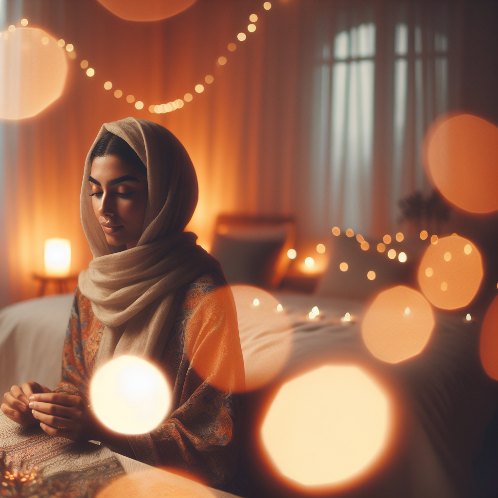 A serene, soft-focus image of a woman in a peaceful, intimate setting, such as a cozy bedroom, gently exploring self-love and pleasure with a look of relaxation and empowerment, surrounded by warm, natural lighting.