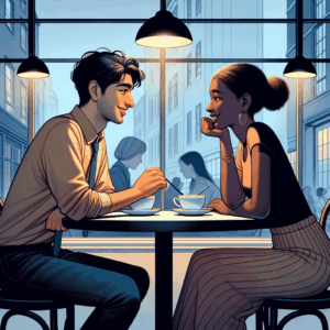 Illustration d'un couple dans un café, échangeant des sourires et des regards complices, avec des gestes illustrant l'attirance amoureuse.