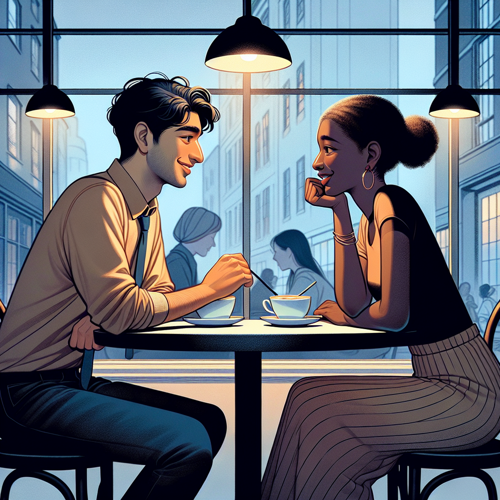 Illustration d'un couple dans un café, échangeant des sourires et des regards complices, avec des gestes illustrant l'attirance amoureuse.