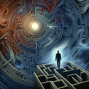 An abstract illustration showing a person isolated in a psychological labyrinth, symbolizing manipulation and confusion. The style is surreal with dark and light contrasts, suggesting the battle between manipulation and clarity.