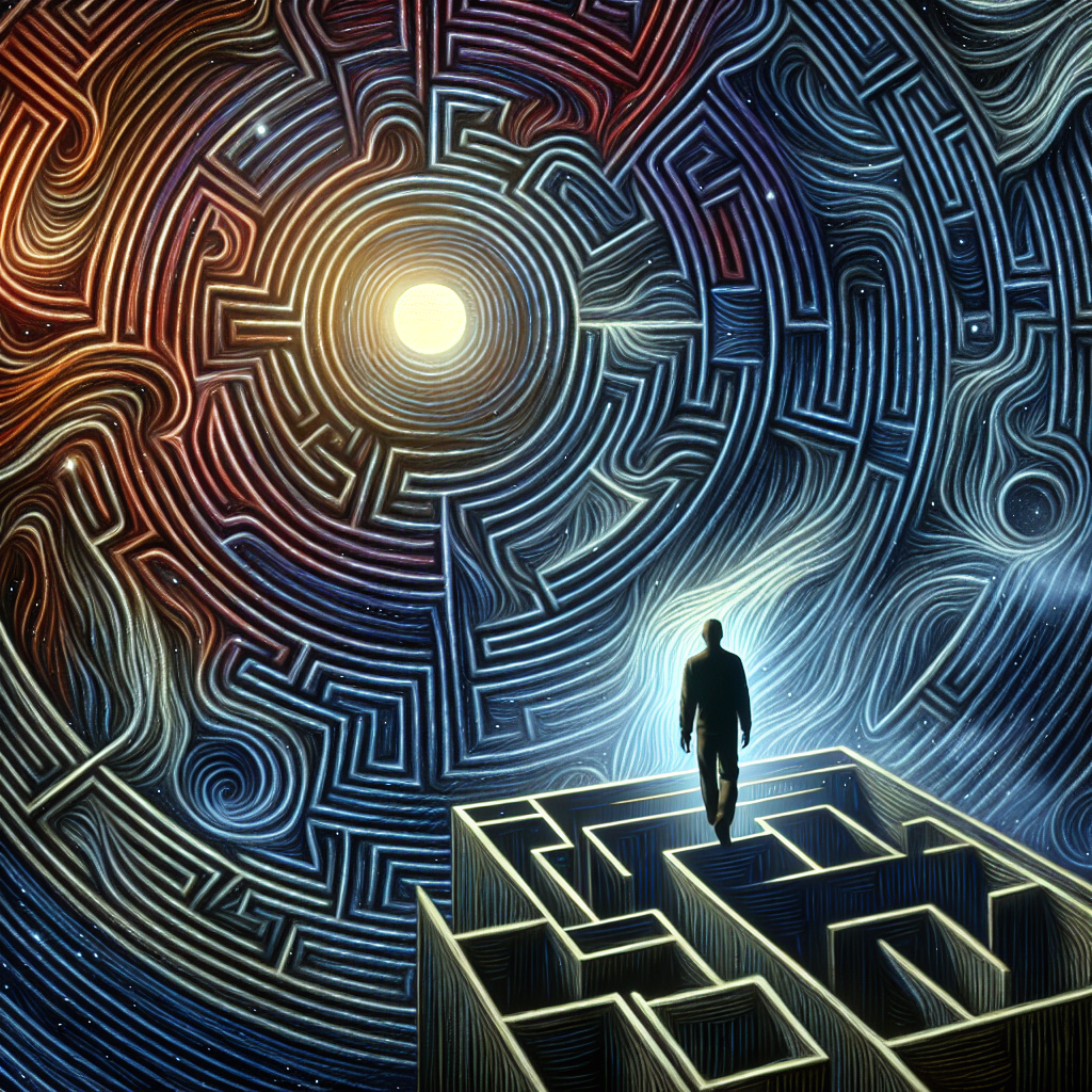 An abstract illustration showing a person isolated in a psychological labyrinth, symbolizing manipulation and confusion. The style is surreal with dark and light contrasts, suggesting the battle between manipulation and clarity.