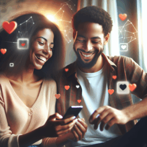 Un couple moderne et heureux utilisant des smartphones pour se connecter. L'image montre le couple dans un environnement chaleureux et intime, avec des éléments numériques flottants autour d'eux, symbolisant les applications de couple.