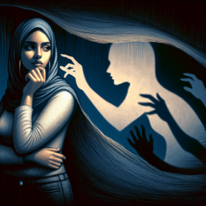 A symbolic illustration of a person trapped in a manipulative relationship, with a shadowy figure whispering deceptive phrases, set in a subtly menacing atmosphere to represent psychological manipulation.