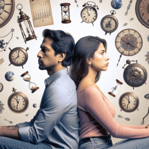 A couple sitting back-to-back looking thoughtful but supportive, surrounded by symbolic representations of time passing, such as clocks and calendar pages, illustrating the phases of their relationship.