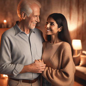 A couple with a significant age difference, side by side, smiling and looking at each other with affection, in a warm and welcoming environment.