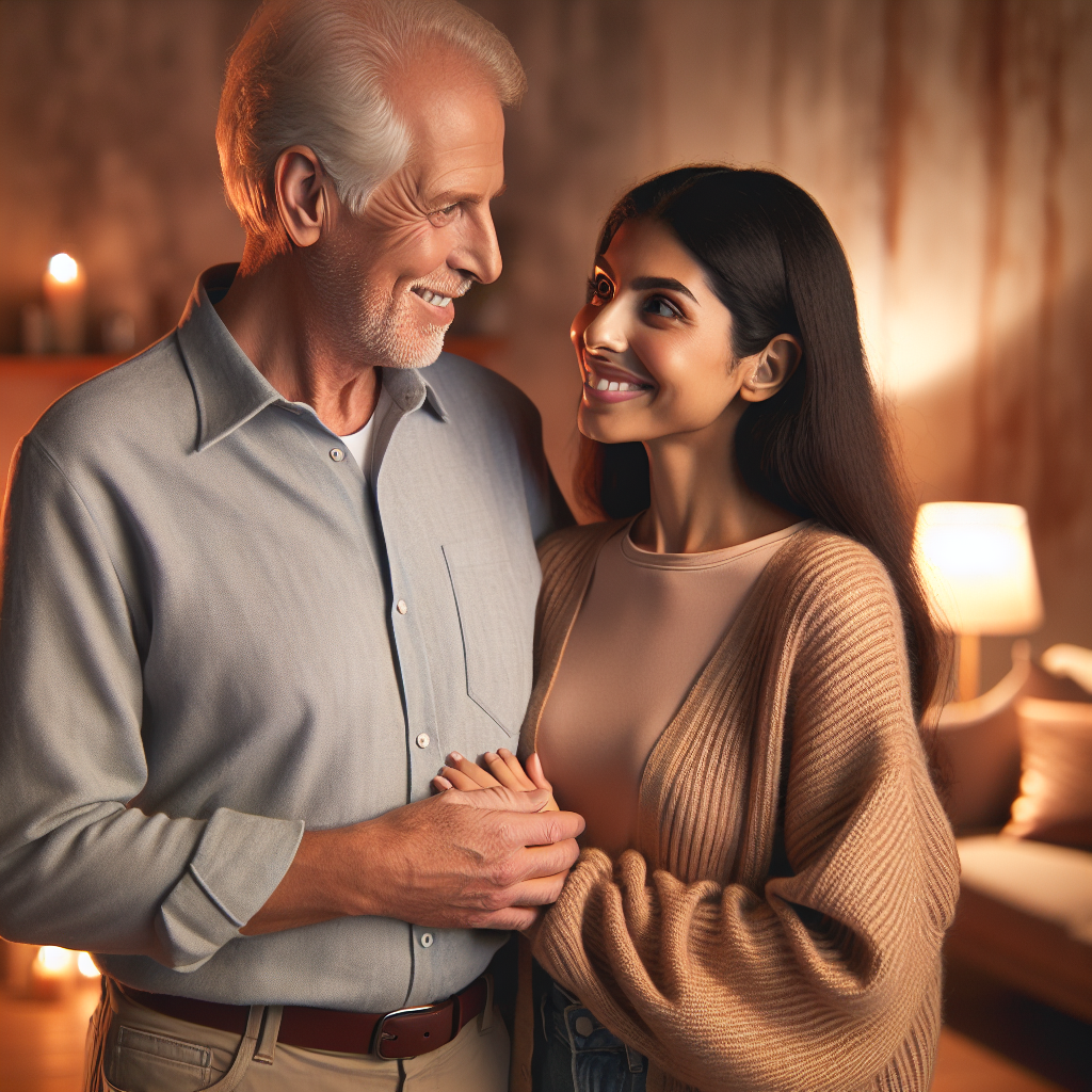 A couple with a significant age difference, side by side, smiling and looking at each other with affection, in a warm and welcoming environment.