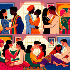 A vibrant and colorful illustration depicting a diverse group of couples from different nationalities, romantically interacting in a bedroom setting. Each couple represents a different nationality mentioned in the article, showcasing their unique cultural attire and romantic chemistry. The atmosphere is intimate and playful, with warm lighting setting the mood.
