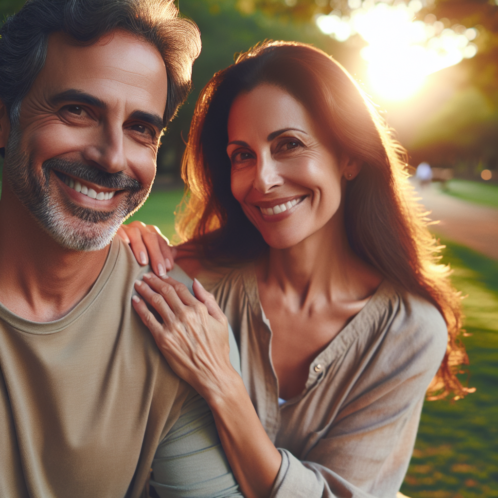 A diverse couple of different ages enjoying time together in a picturesque park, with soft daylight highlighting their smiles and connection. The scene captures their mutual affection and understanding amidst a natural setting.