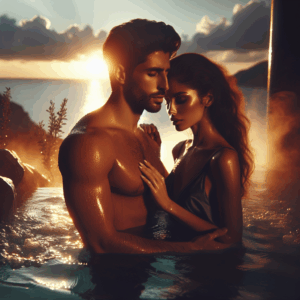 A romantic and sensual scene of a couple in a shimmering pool at sunset, surrounded by sparkling water droplets, steam from a jacuzzi, and an intimate atmosphere.