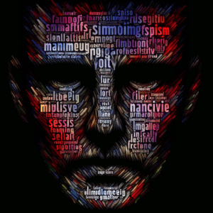 Un visage symbolique fait de mots, représentant des expressions manipulatrices employées par des pervers narcissiques dans un style artistique abstrait, avec des ombres et des couleurs vives pour exprimer la manipulation et la résistance.