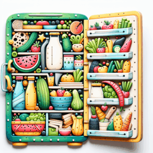 A whimsical kitchen scene with a fridge door slightly open, revealing everyday items like milk and vegetables next to unexpected items, all crafted in a humorous and colorful style.