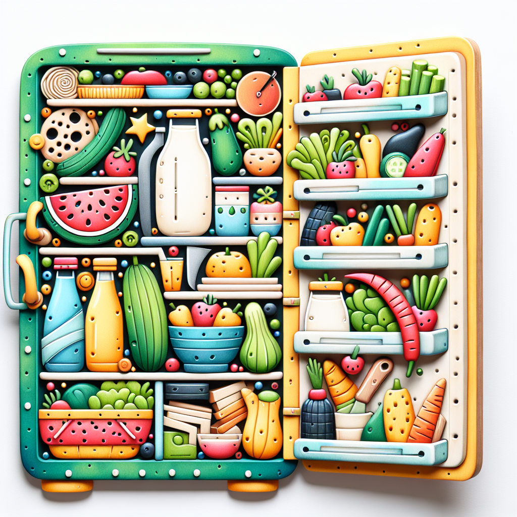 A whimsical kitchen scene with a fridge door slightly open, revealing everyday items like milk and vegetables next to unexpected items, all crafted in a humorous and colorful style.