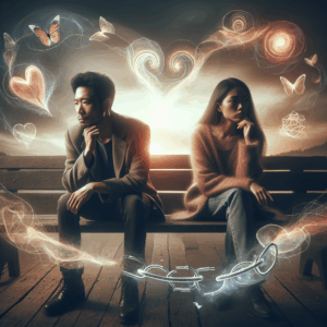 A thoughtful couple sitting on a park bench, looking contemplative, surrounded by abstract symbols of relationships and change, under a soft sunset lighting.