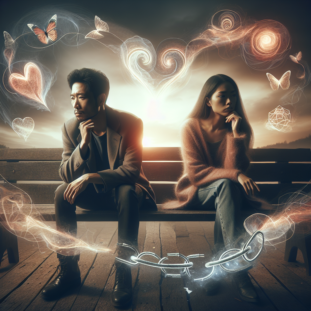 A thoughtful couple sitting on a park bench, looking contemplative, surrounded by abstract symbols of relationships and change, under a soft sunset lighting.