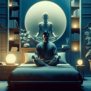 A serene and peaceful bedroom scene showing a person in a relaxed state, surrounded by calming colors and symbols of self-exploration, like books and soft lighting, promoting a sense of personal well-being and introspection.