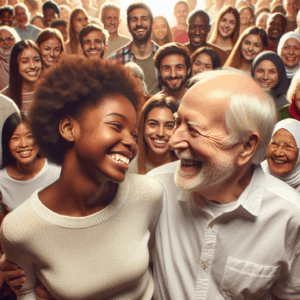 A couple with a significant age difference, looking happily at each other surrounded by a diverse and accepting crowd, symbolizing love beyond age. Bright and warm colors, conveying a sense of joy and acceptance.