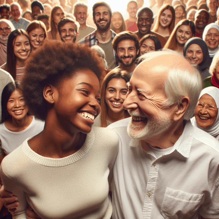 A couple with a significant age difference, looking happily at each other surrounded by a diverse and accepting crowd, symbolizing love beyond age. Bright and warm colors, conveying a sense of joy and acceptance.