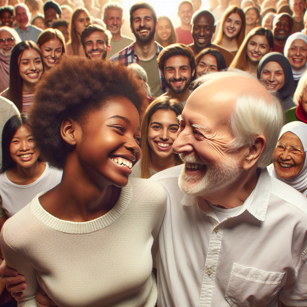 A couple with a significant age difference, looking happily at each other surrounded by a diverse and accepting crowd, symbolizing love beyond age. Bright and warm colors, conveying a sense of joy and acceptance.