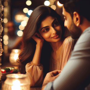 A romantic scene where a woman gazes lovingly at her partner, sitting in a cozy café, with warm, soft lighting that highlights her affectionate expression.