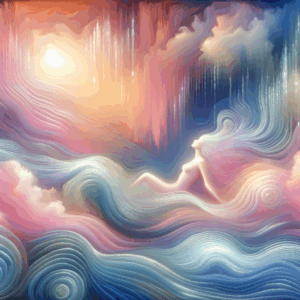An artistic representation of the concept of 'gooning', showcasing a serene, mystical scene. The image should have abstract elements signifying prolonged pleasure, including soft, flowing patterns and glowing light, creating an ethereal feel.