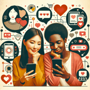 A couple engaging with each other through a smartphone, surrounded by icons symbolizing love, communication, and technology, in a warm and inviting setting that suggests connection and growth.