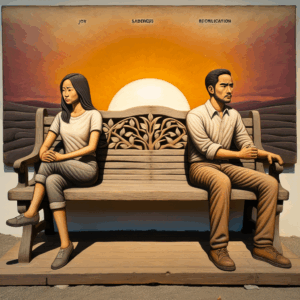 A couple sitting on a park bench, symbolizing the different stages of a relationship. The couple appears thoughtful, with a setting sun in the background, symbolizing the endurance and challenges of love over time. The image should evoke emotions of both contemplation and hope, capturing the essence of enduring love through various stages.