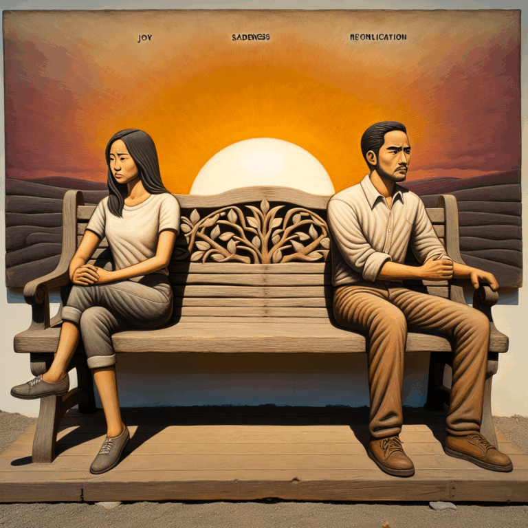 A couple sitting on a park bench, symbolizing the different stages of a relationship. The couple appears thoughtful, with a setting sun in the background, symbolizing the endurance and challenges of love over time. The image should evoke emotions of both contemplation and hope, capturing the essence of enduring love through various stages.