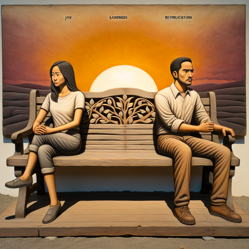 A couple sitting on a park bench, symbolizing the different stages of a relationship. The couple appears thoughtful, with a setting sun in the background, symbolizing the endurance and challenges of love over time. The image should evoke emotions of both contemplation and hope, capturing the essence of enduring love through various stages.