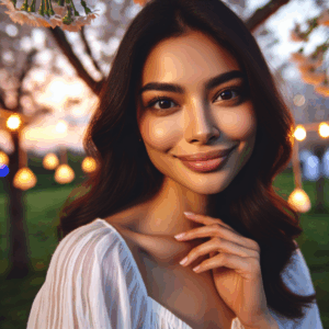 A woman with a loving gaze, smiling and showing body language of affection and trust in a romantic setting.