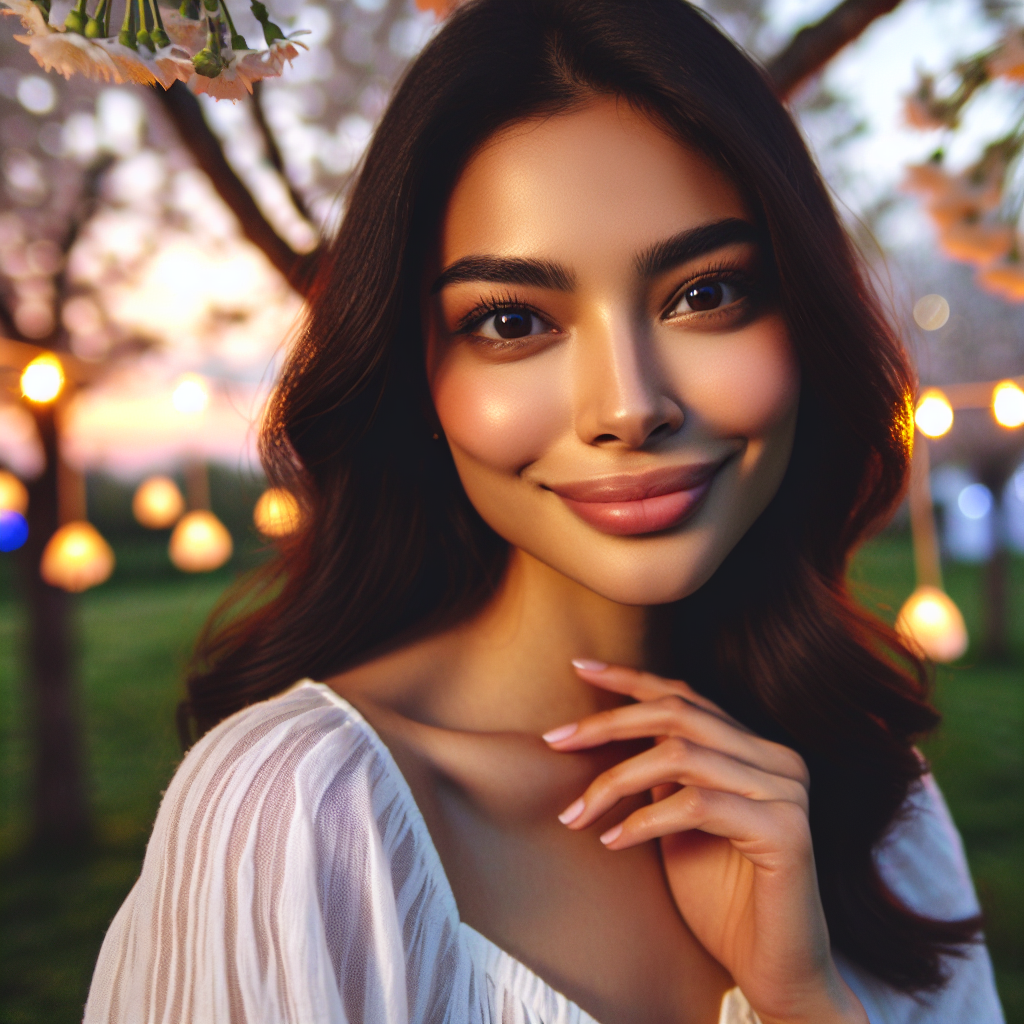 A woman with a loving gaze, smiling and showing body language of affection and trust in a romantic setting.