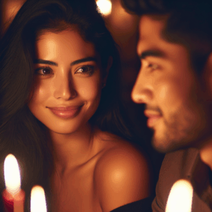 A woman glancing lovingly at a partner, with a gentle smile and bright eyes, set in a warm, romantic atmosphere.