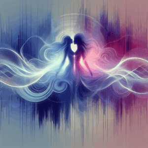 An abstract illustration of sound waves blending with human silhouettes, capturing the essence of auralism — the connection between sound and sensuality. The image should convey a sense of intimacy and intrigue with a soft color palette of blues and purples.