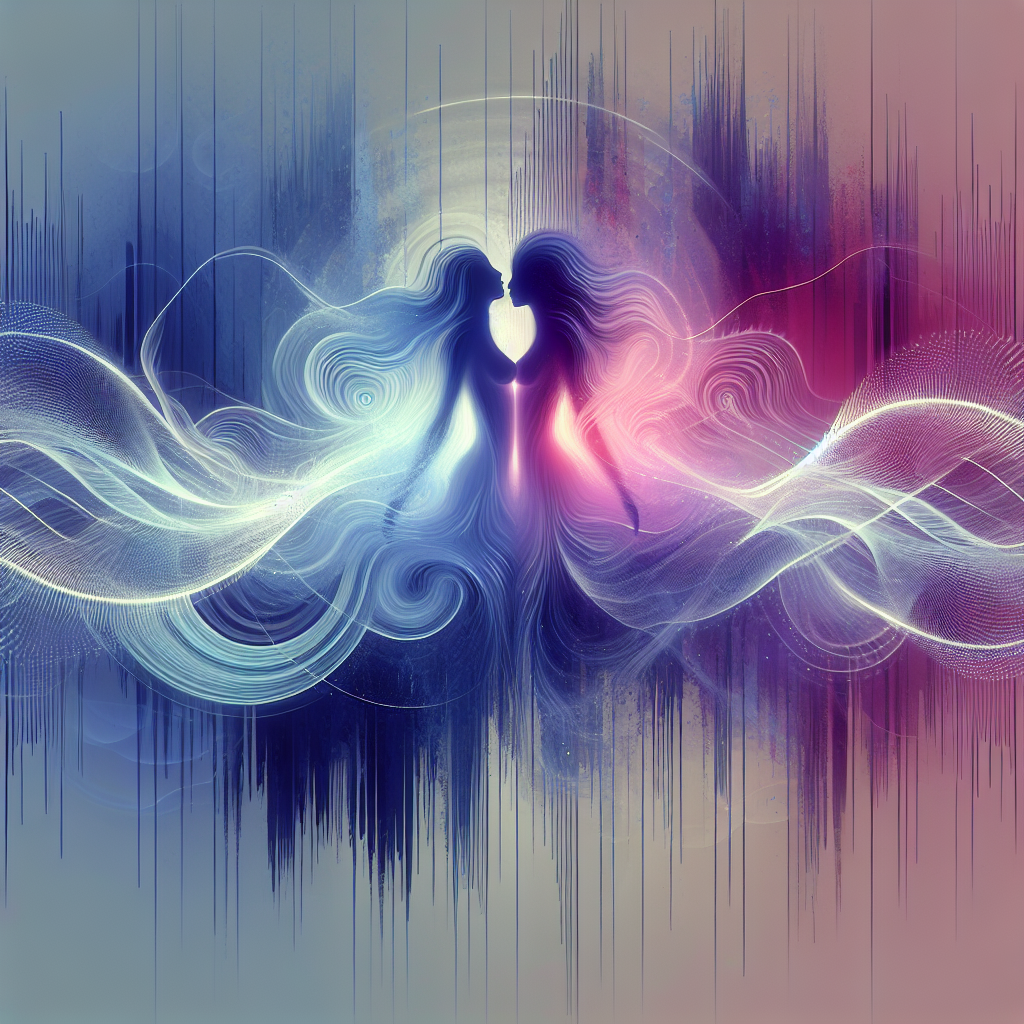 An abstract illustration of sound waves blending with human silhouettes, capturing the essence of auralism — the connection between sound and sensuality. The image should convey a sense of intimacy and intrigue with a soft color palette of blues and purples.