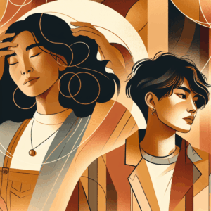 A captivating and tasteful illustration of modern women exploring sexuality, focusing on intimacy and connection. The scene should be elegant and abstract, suggesting comfort and exploration in sexual practices. Use warm tones and soft lines to evoke a sense of openness and acceptance.