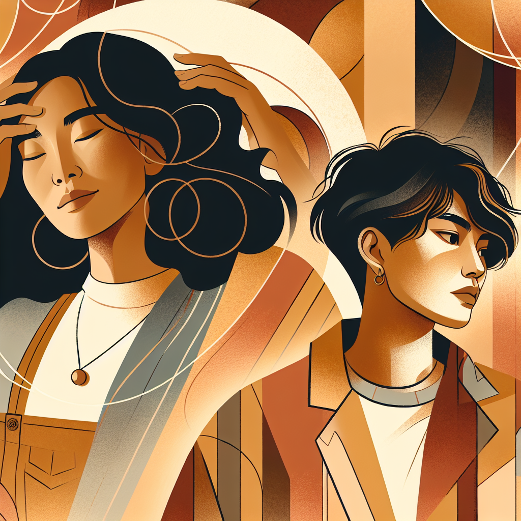 A captivating and tasteful illustration of modern women exploring sexuality, focusing on intimacy and connection. The scene should be elegant and abstract, suggesting comfort and exploration in sexual practices. Use warm tones and soft lines to evoke a sense of openness and acceptance.
