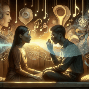 An artistic illustration of an intimate scene focusing on the auditory aspects of auralism; a couple surrounded by visually depicted sounds like musical notes, whispers, and subtle vibrations, with a soft, intimate lighting setting.
