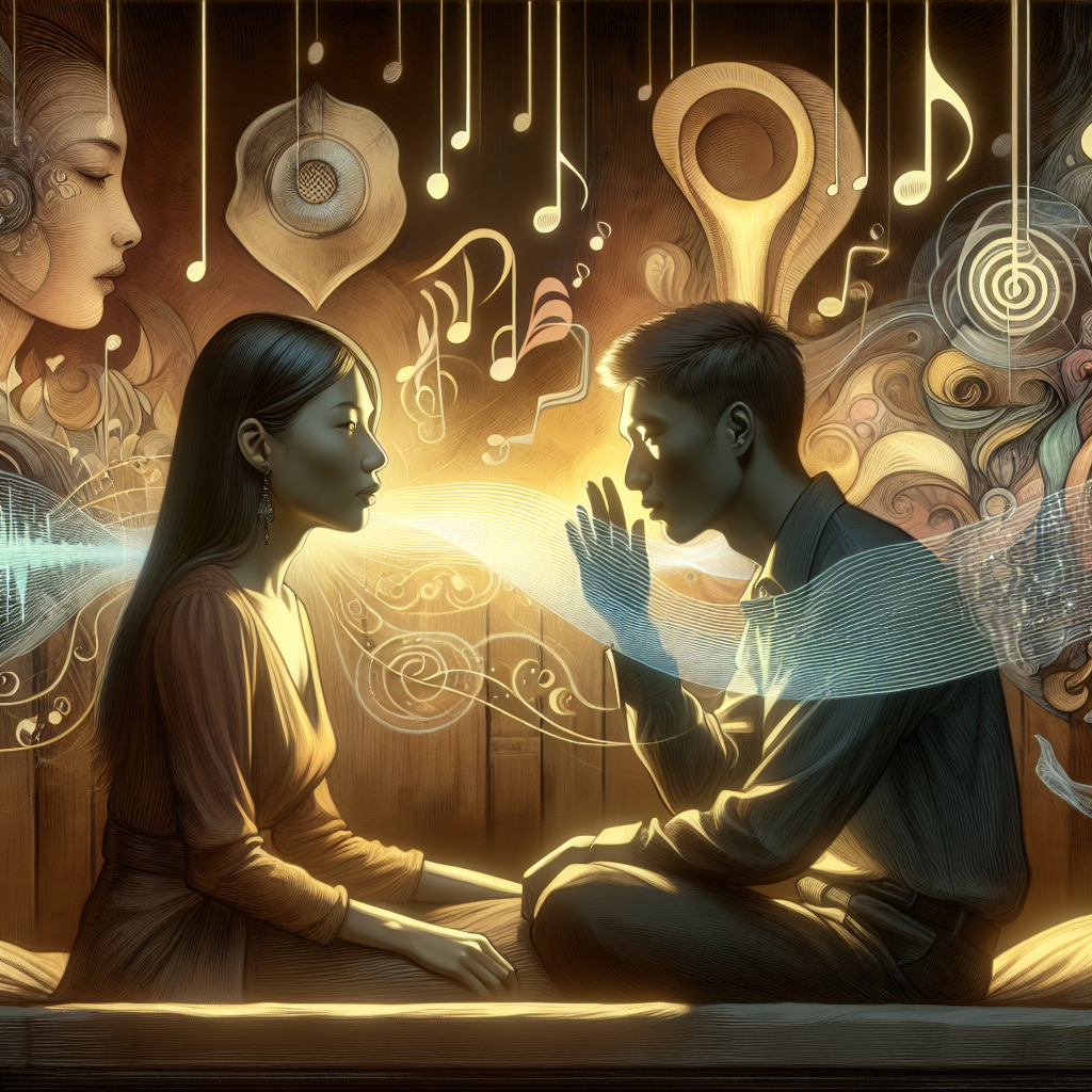 An artistic illustration of an intimate scene focusing on the auditory aspects of auralism; a couple surrounded by visually depicted sounds like musical notes, whispers, and subtle vibrations, with a soft, intimate lighting setting.