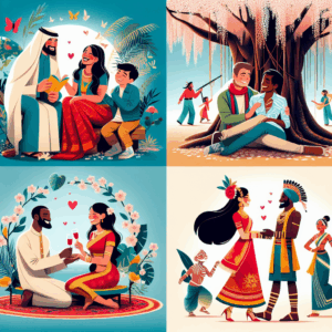 An illustration of an international romantic encounter, featuring diverse couples from different parts of the world in a vibrant, colorful setting that symbolizes various cultures. The scene is playful and intimate, celebrating the diversity of romantic expressions globally.