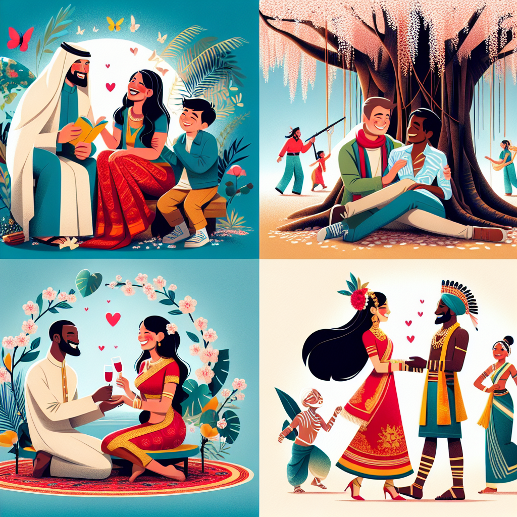 An illustration of an international romantic encounter, featuring diverse couples from different parts of the world in a vibrant, colorful setting that symbolizes various cultures. The scene is playful and intimate, celebrating the diversity of romantic expressions globally.