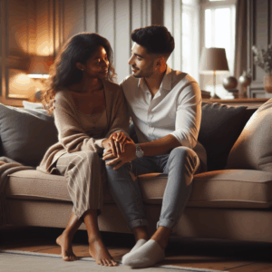 A harmonious couple sitting on a cozy sofa, engaged in a heartfelt conversation, surrounded by a warm and inviting atmosphere that conveys love and understanding.