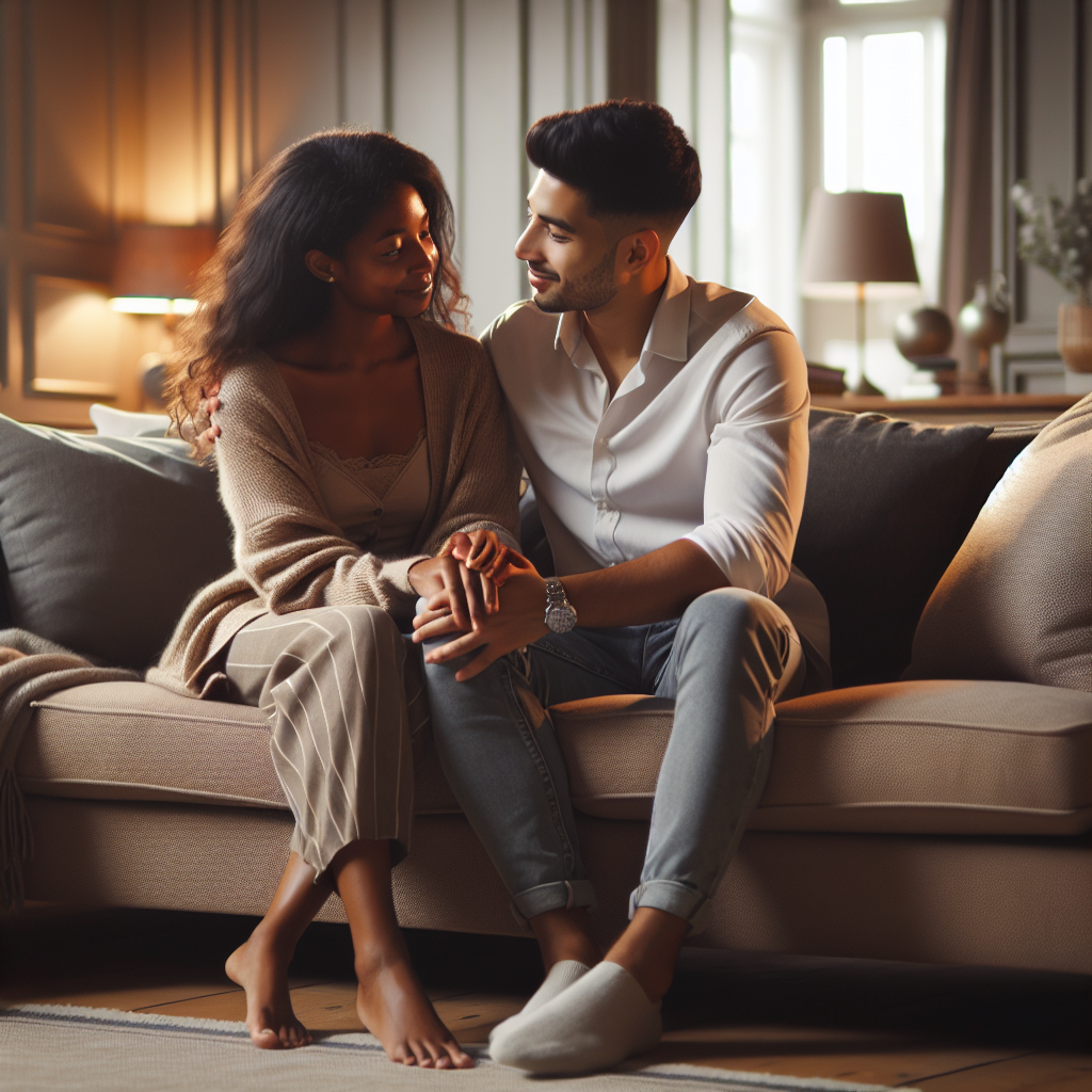 A harmonious couple sitting on a cozy sofa, engaged in a heartfelt conversation, surrounded by a warm and inviting atmosphere that conveys love and understanding.
