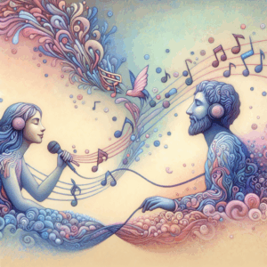A vibrant and intimate illustration of a couple experiencing a deep connection through sound, with musical notes and soft colors symbolizing the auditory experience of auralism.