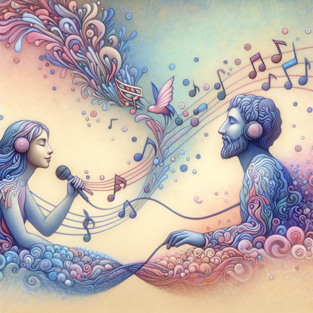 A vibrant and intimate illustration of a couple experiencing a deep connection through sound, with musical notes and soft colors symbolizing the auditory experience of auralism.